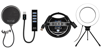 Blucoil Pop Filter Windscreen, Dimmable Selfie Ring Light, USB-A Extension Cable and Mini Hub