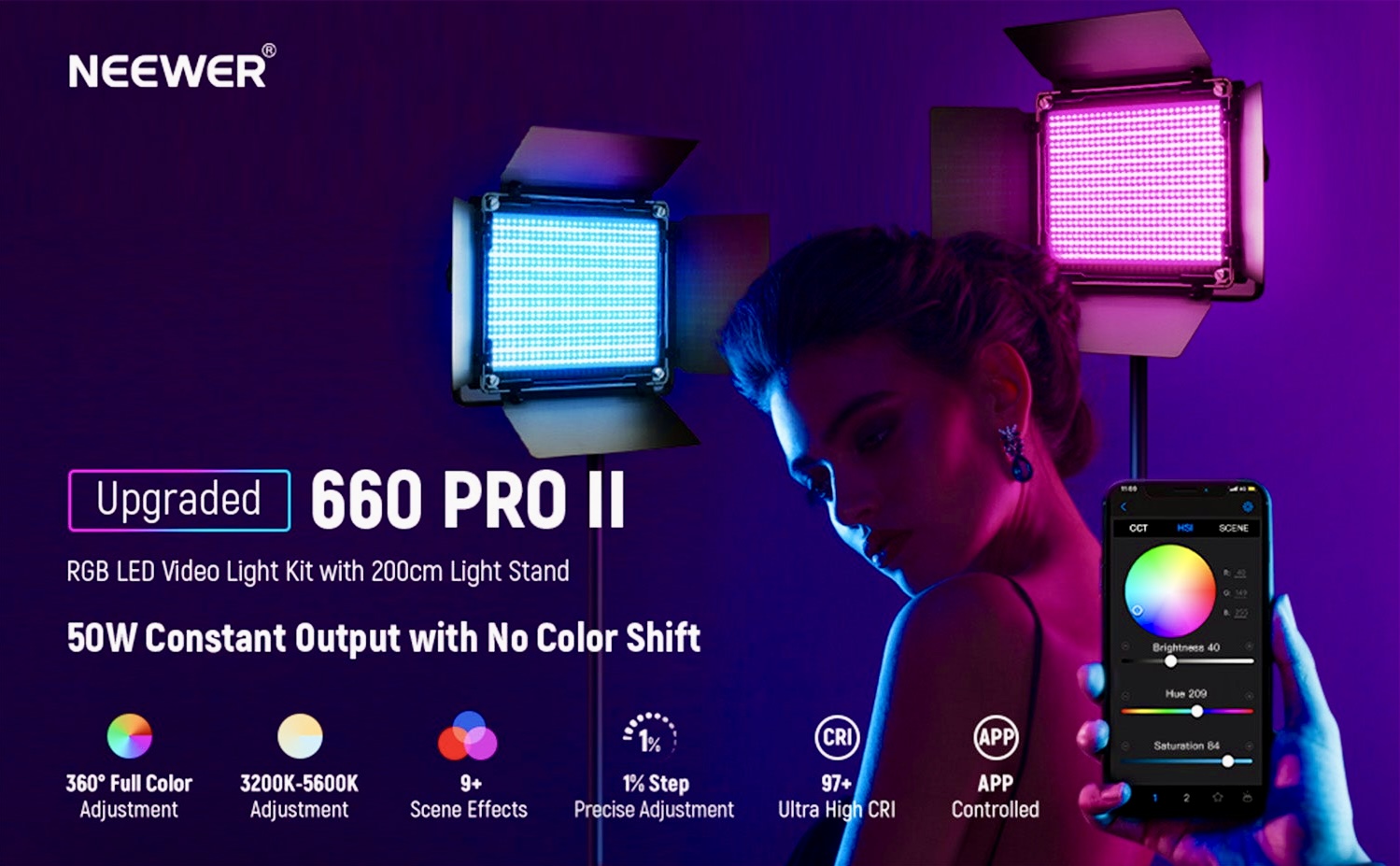 תאורת LED מקצועית Neewer 660 Pro RGB עוצמה חזקה עם שליטה מדויקת בבהירות ובצבע 9+ סצנות מוכנות מראש מדויקת בבהירות ובחירת גוון יכולות מדהימות של 1% לדייוק הצבע שליטה דרך אפליקציה או לוח שליטה מובנה אפקטים מובנים ליצירתיות ללא הגבלה 97+ Ultra High CRI