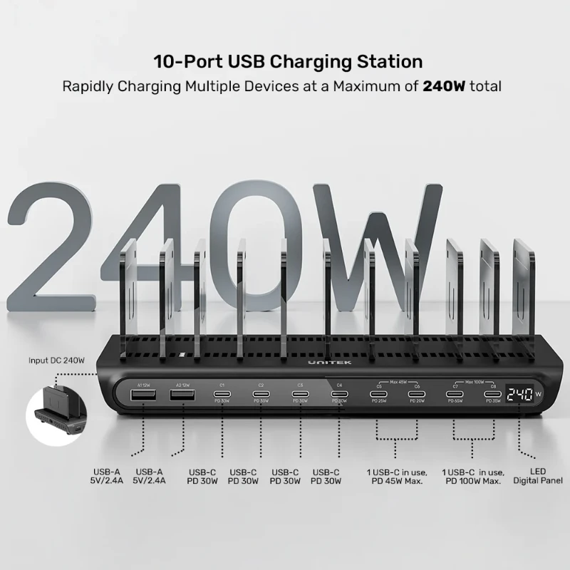 ⁦עמדת טעינה חכמה Unitek 10 Port 240W⁩ – תמונה ⁦4⁩