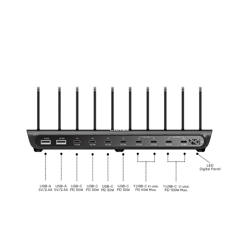 ⁦עמדת טעינה חכמה Unitek 10 Port 240W⁩ – תמונה ⁦2⁩