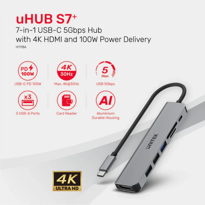 ⁦uHUB S7+ 7-in-1 USB-C 5Gbps Hub with 4K HDMI and 100W Power⁩ – תמונה ⁦3⁩