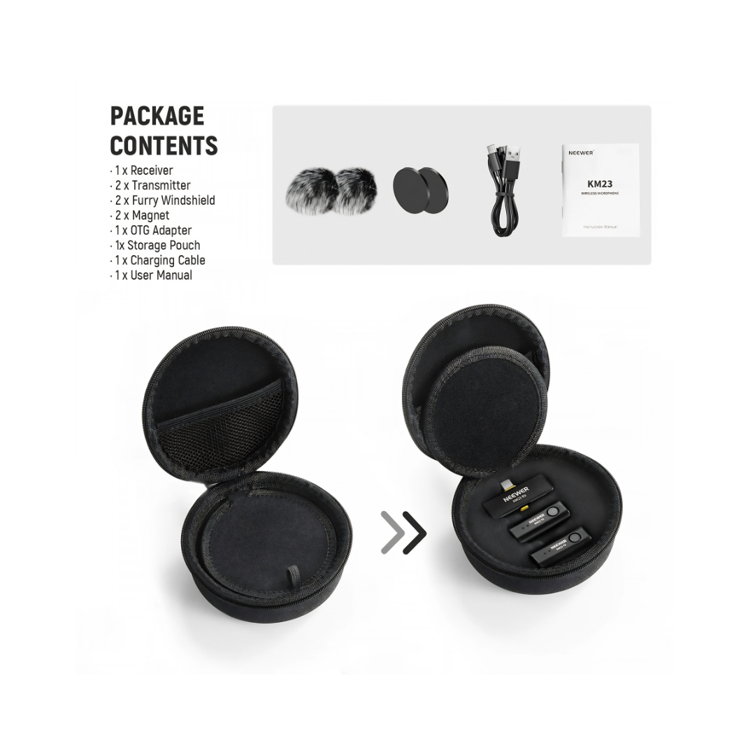 מיקרופון אלחוטי כפול NEEWER KM23 Dual Wireless Mic - מבנה ושימוש
