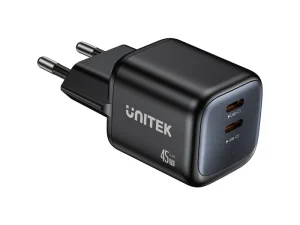 מטען קיר Zeno GaN עם שתי יציאות USB-C (Type C) בהספק 45W UNITEK P1129ABK01