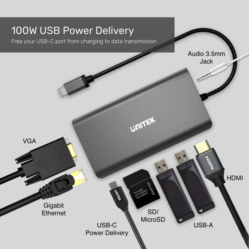 ⁦רכזת USB-C (Type C) ‏8 ב-1 לתצוגה, נתונים וטעינה UNITEK D1019B⁩ – תמונה ⁦3⁩