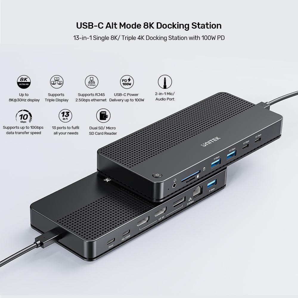 ⁦תחנת עגינה USB-C (Type C) עם תצוגת 8K ורשת 2.5Gbps UNITEK D1104A01⁩ – תמונה ⁦7⁩
