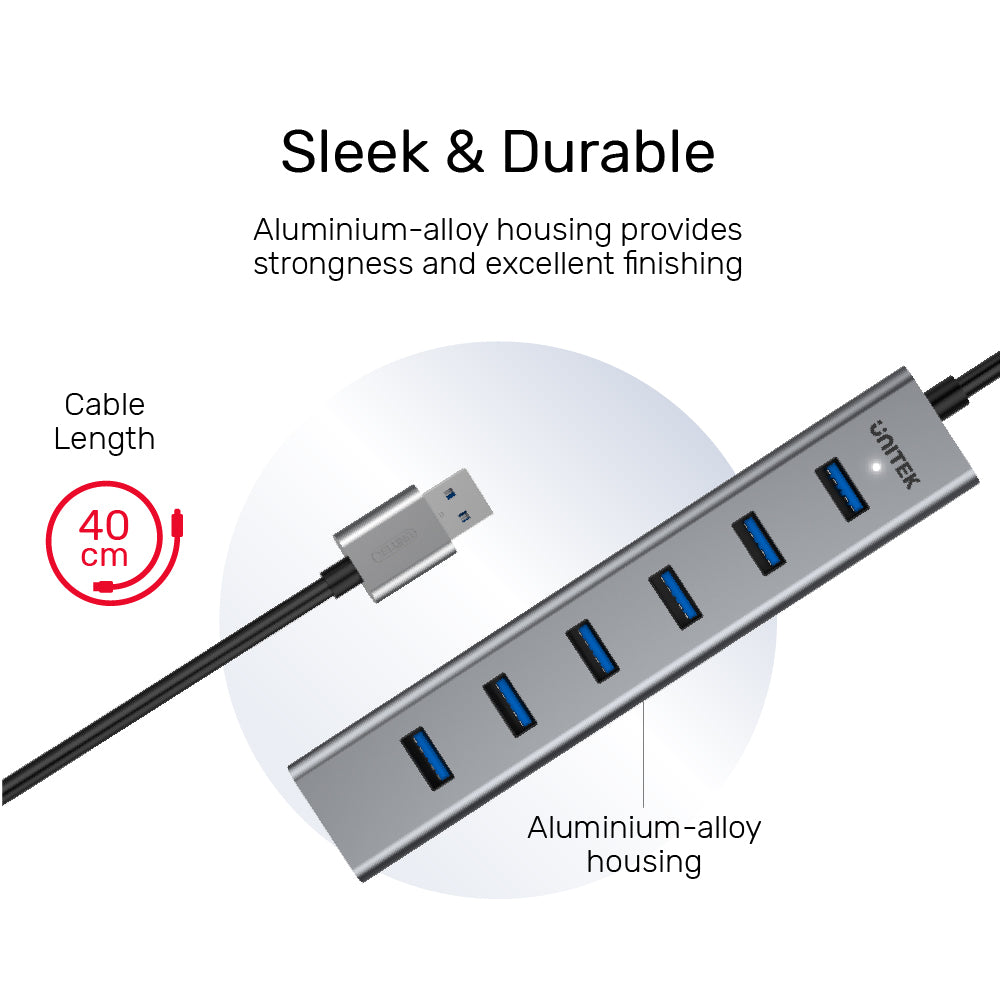 ⁦מפצל USB 3.0 עם שבע יציאות ומעטפת אלומיניום UNITEK Y-3090⁩ – תמונה ⁦4⁩